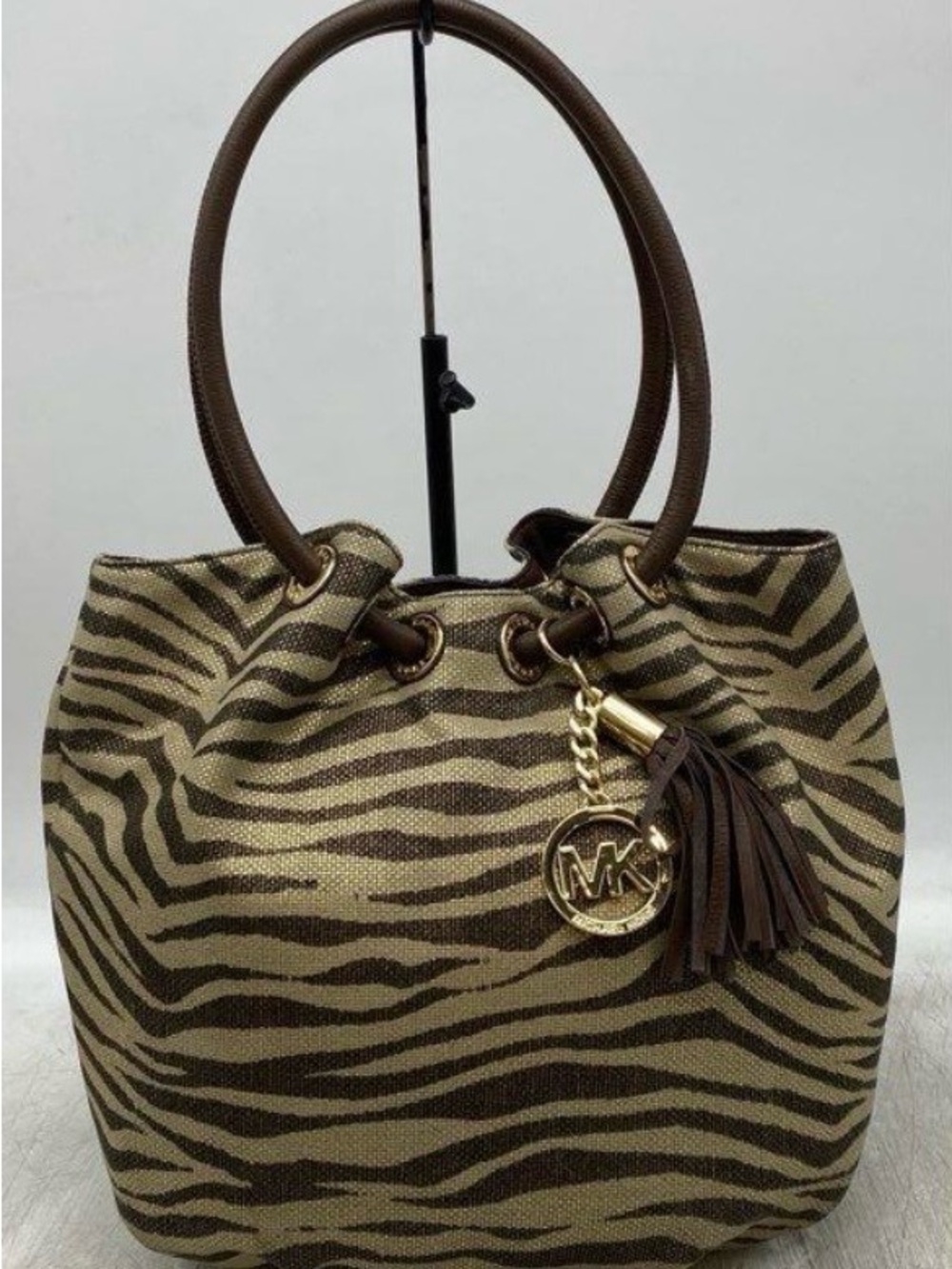 Michael Kors Brown and Tan Zebra-Print Drawstring Shoulder Bag